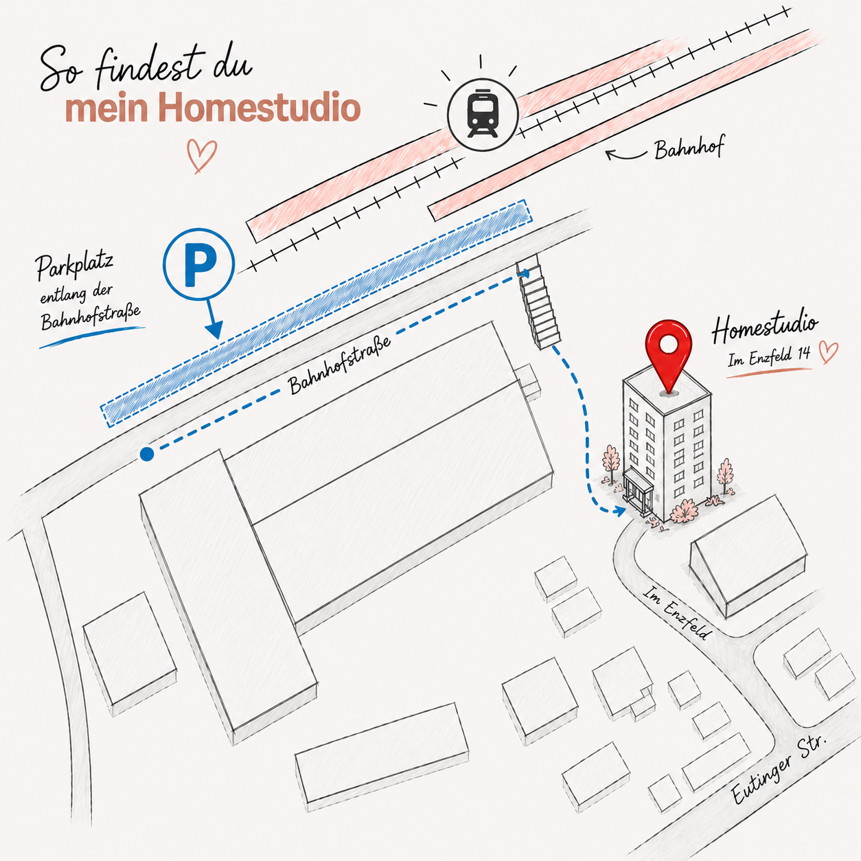Gezeichneter Anfahrtsplan vom Parkplatz am Bahnhof Niefern zum Homestudio Im Enzfeld 14