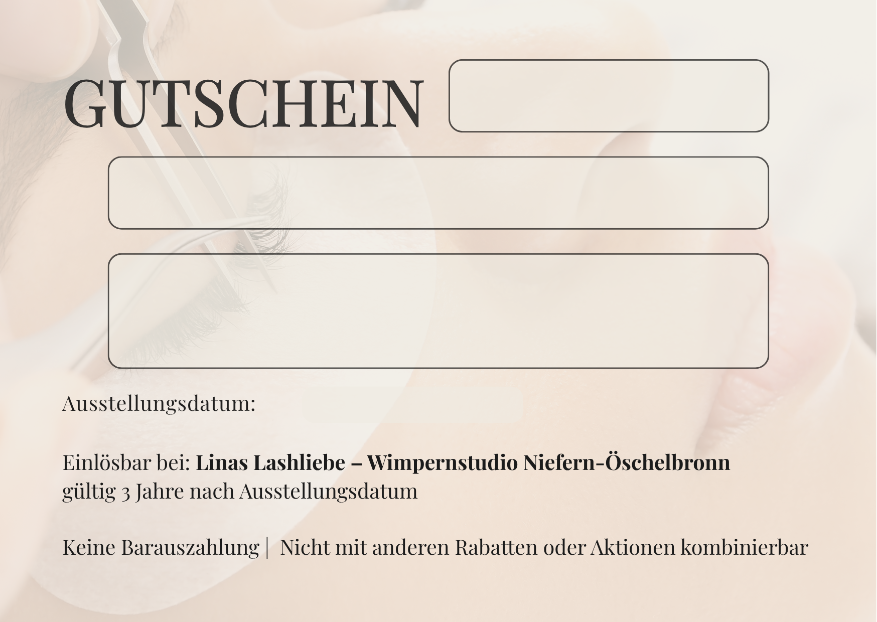 Vorderseite des Linas Lashliebe-Gutscheins